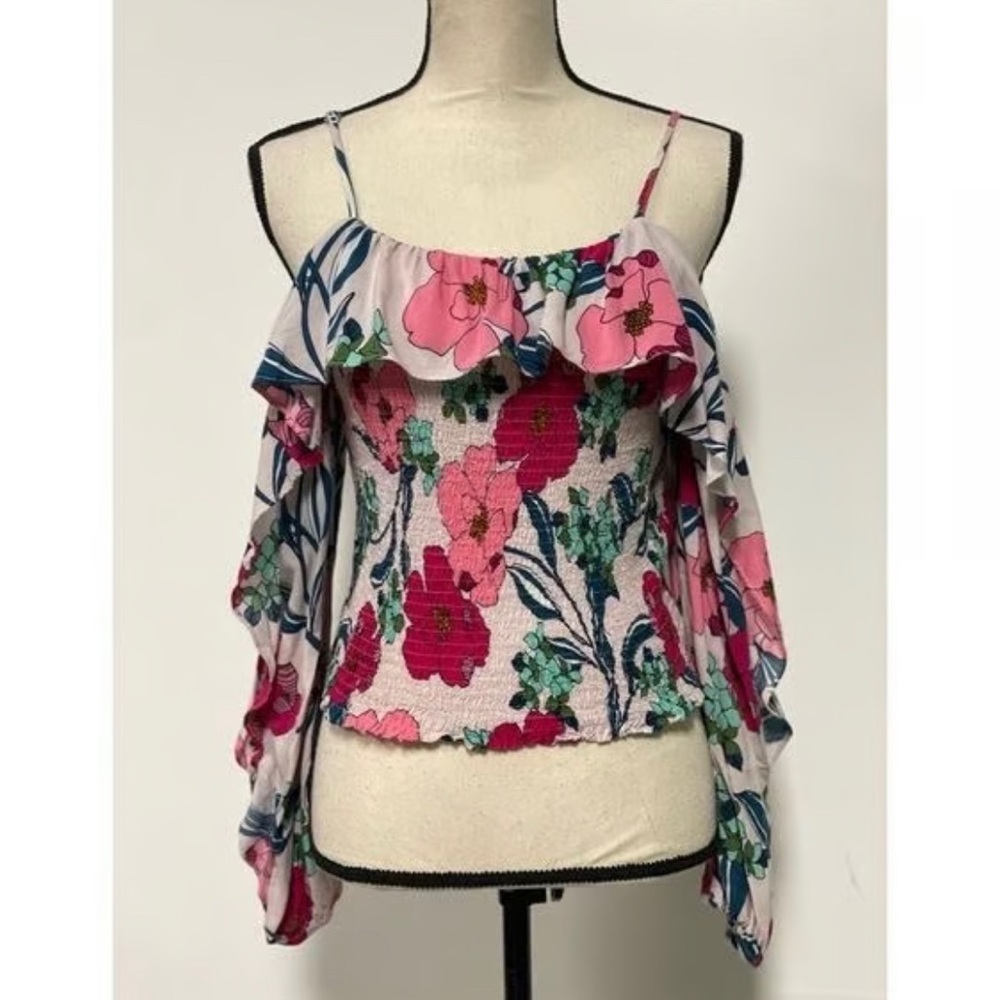 I.N.C Floral Pink Cold Shoulder Smocked Women's Top NWT